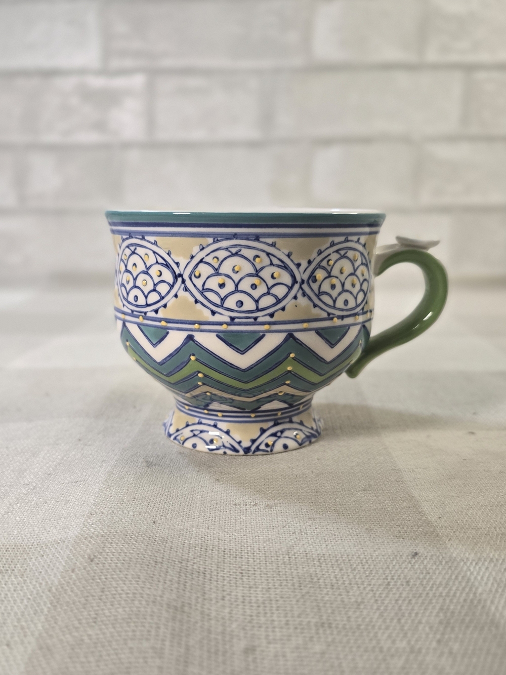 Anthropologie Green Blue Yellow Moriage Design Boho Footed 14oz Ceramic Mug Cup - Picture 3 of 8